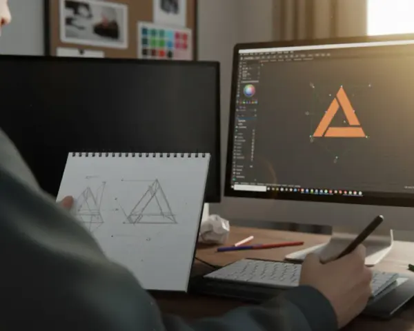 Diseñador gráfico esboza ideas en cuaderno y crea un logo en su computadora. Un buen lugar donde estudiar diseño gráfico.
