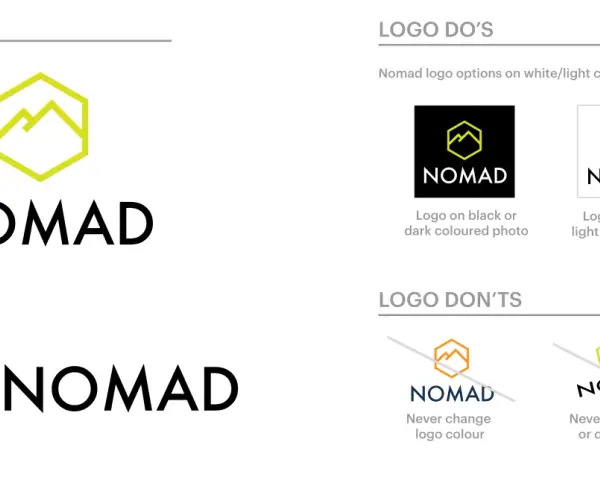 Ejemplos de logo de Nomad: primario, secundario, y usos correctos e incorrectos.