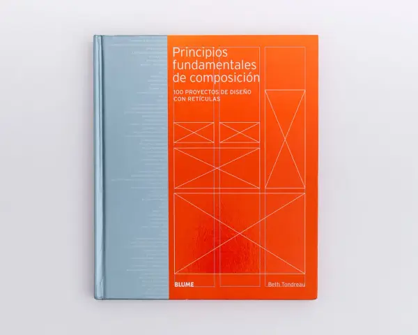 Libro "Principios fundamentales de composición: 100 proyectos de diseño con retículas". Portada naranja con diagramas de retículas en blanco.