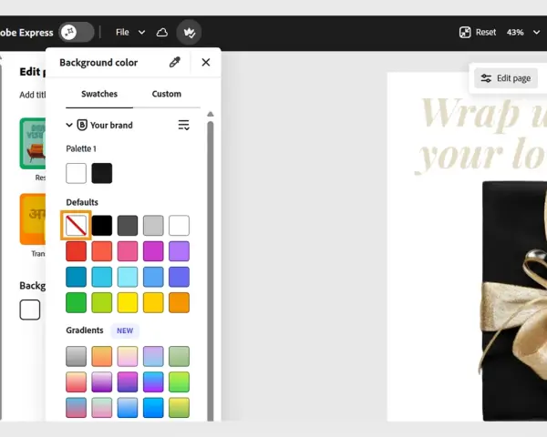 Interfaz de Adobe Express para quitar fondo, mostrando opciones de color de fondo y una imagen de regalo.