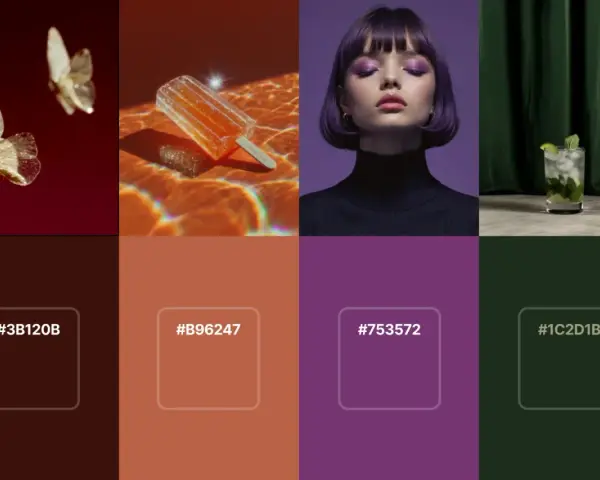 Paleta de colores inspirada en mariposas, un helado naranja, una modelo con maquillaje morado y un mojito, evocando los colores de la navidad.