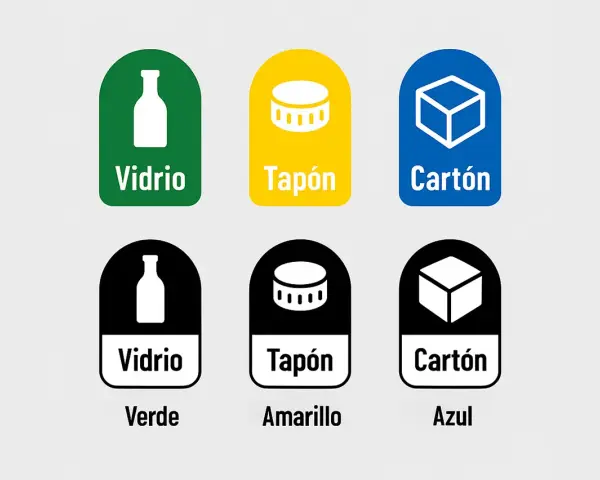 Seis contenedores con el **símbolo de reciclaje** para vidrio, tapón y cartón, en colores verde, amarillo y azul.