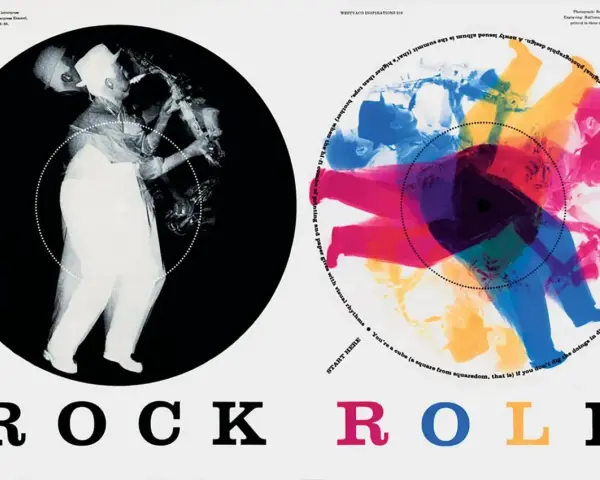 Diseño de Paul Rand con saxofonista en blanco y negro y músicos coloridos superpuestos. "ROCK ROLL" en letras grandes.