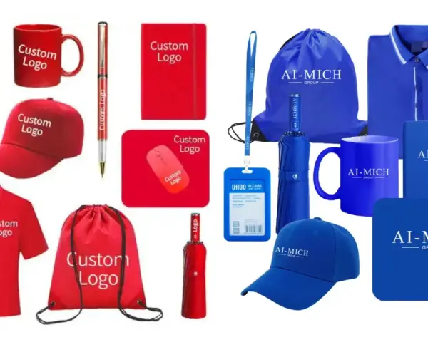 Variedad de productos de marketing personalizables: gorras, polos, tazas, bolígrafos, abanicos, ratones, paraguas, cuadernos y bolsas con logos.
