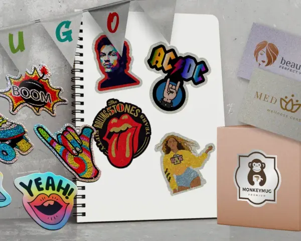 Variedad de ideas de pegatinas brillantes: patines, rock, estrellas, labios, y logos de bandas.