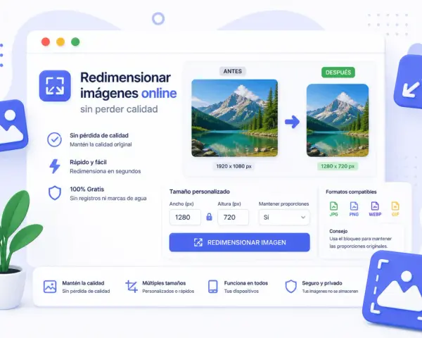 Herramienta para redimensionar foto online sin perder calidad. Muestra antes y después de una imagen de paisaje, con opciones de tamaño y formatos.