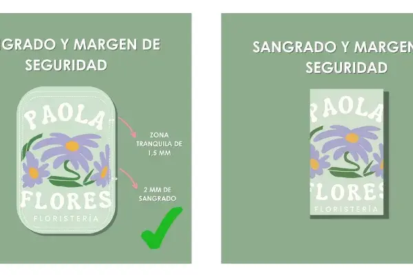 Comparación de tamaño fotos: logo "PAOLA FLORES FLORISTERÍA" con sangrado correcto (check verde) y incorrecto (X roja).