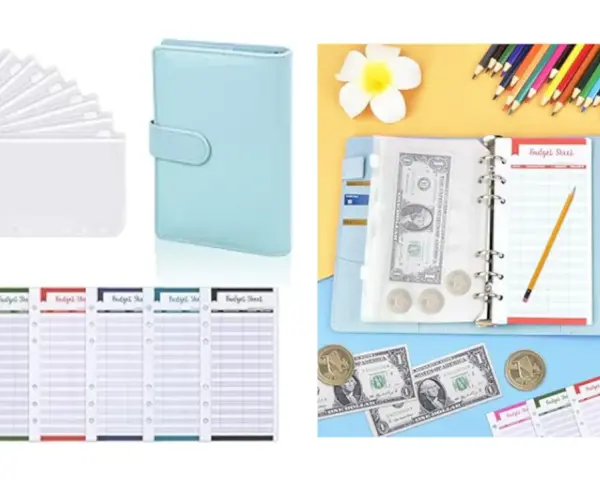 Un organizador de presupuesto azul claro con sobres transparentes y hojas de registro. Ideal para controlar tus finanzas, cada sobre tiene el tamaño perfecto para guardar billetes y monedas.