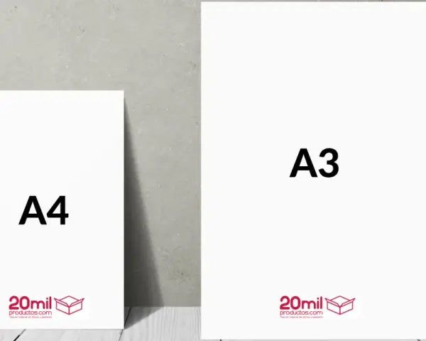 Dos cartulinas, A4 y A3, muestran sus tamaños. La A4 es más pequeña, ideal para documentos cotidianos.
