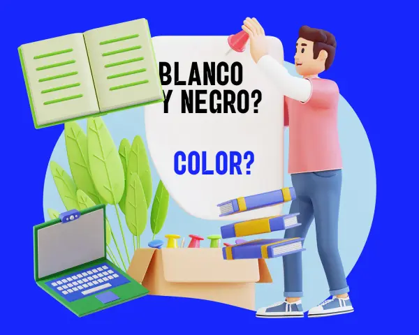 Un hombre con una camisa rosa y pantalones azules sostiene un cartel que dice "BLANCO Y NEGRO? COLOR?". Hay un libro abierto, plantas verdes, un portátil y libros flotando.