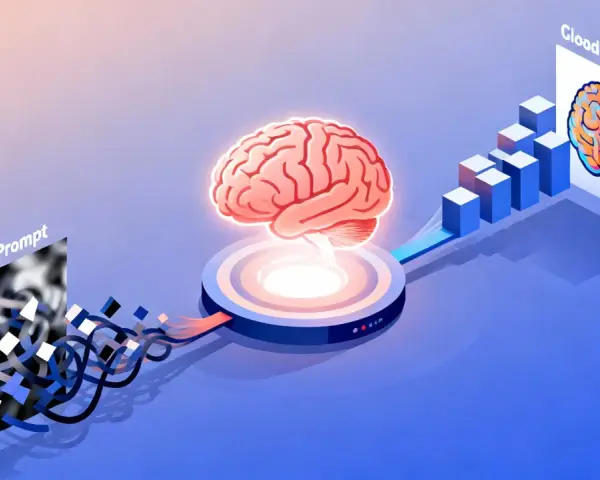 Procesamiento de **prompt imagenes**: un cerebro recibe datos caóticos de un "Dog Prompt" y genera un resultado claro en un "Cloud Prompt".