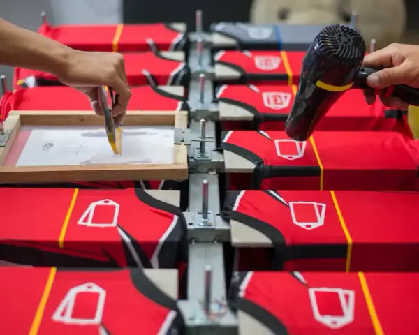 Manos aplicando tinta en un marco para serigrafía proceso sobre camisetas rojas. Otra mano usa secador.