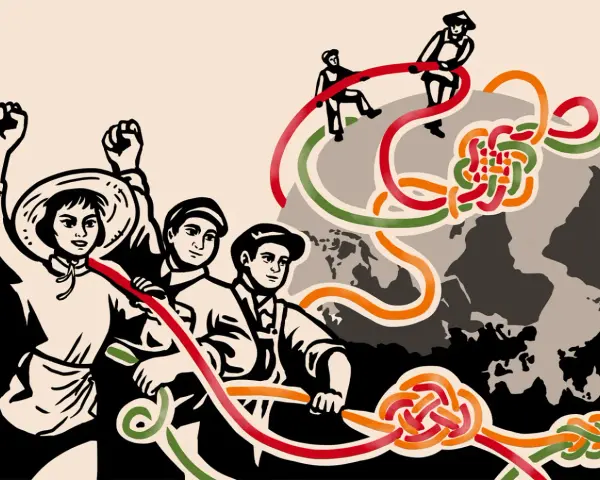 Ilustración de personas uniendo cintas de colores sobre un mapa del mundo, simbolizando la historia del libro y su evolución global.