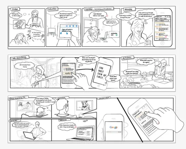 Viñetas que muestran ejercicios de creatividad y búsqueda de empleo, desde la frustración hasta la inspiración.