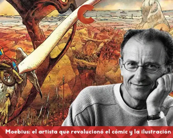 Moebius, el dibujante visionario, sonríe ante su obra: un mundo fantástico con criaturas extrañas y paisajes desérticos.