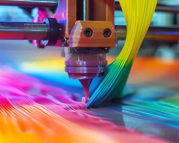 Cabezal de impresora 3D creando una obra de arte vibrante. La **impresión ecológica** se materializa en capas de color que fluyen, un futuro brillante y colorido.