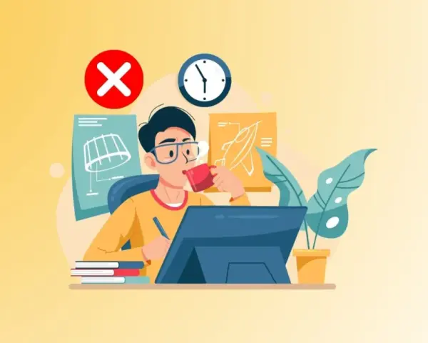 Un joven con gafas bebe café mientras trabaja en su computadora, rodeado de planos y un reloj. Un símbolo de "X" roja indica que no es la forma correcta de hacer brainstorming.