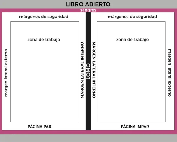 Diagrama de libro abierto en formato B5, mostrando márgenes de seguridad, zona de trabajo, márgenes laterales y el lomo.