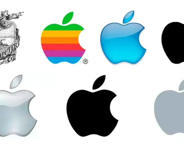Evolución de los logos Apple: desde el antiguo grabado hasta los modernos diseños monocromáticos y de colores.