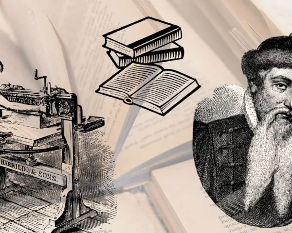 Retrato de Gutenberg, el hombre quien inventó la imprenta, junto a una prensa antigua y libros.
