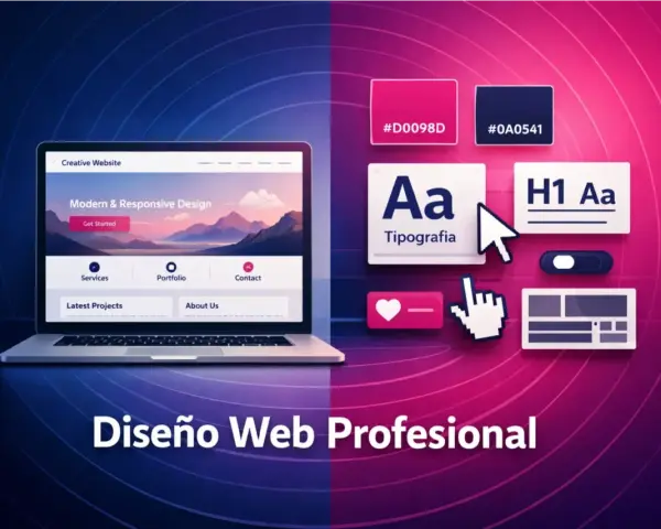 Diseño web profesional: laptop con una pagina web bonita, elementos de diseño, tipografía y paletas de colores.