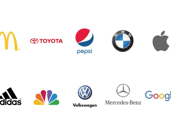 Logos de marcas reconocidas como McDonald's, Toyota, Pepsi, BMW, Apple, Adidas, NBC, Volkswagen, Mercedes-Benz y Google. Ejemplos de imagen corporativa.