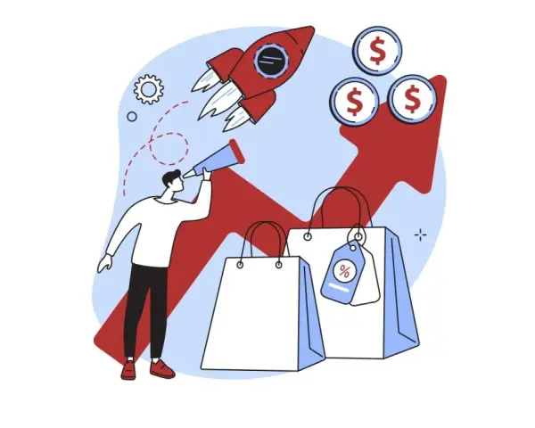 Hombre con catalejo busca oportunidades para la generación leads, con cohete despegando y bolsas de compras.