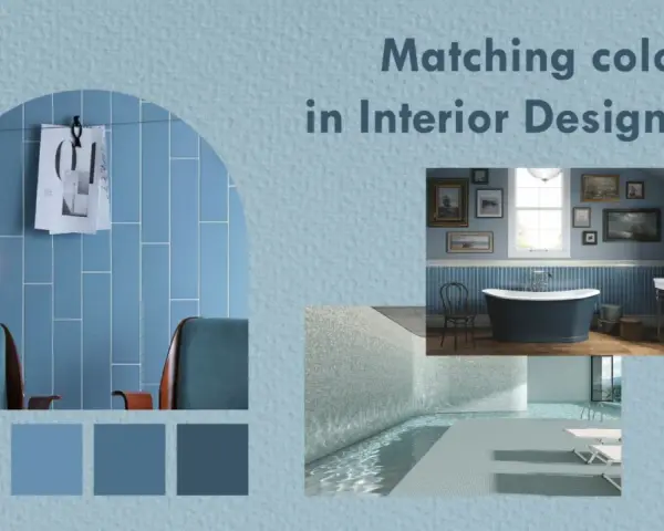 Paleta de colores inspirada en el **color azul** para interiores, mostrando un baño elegante y una piscina moderna.