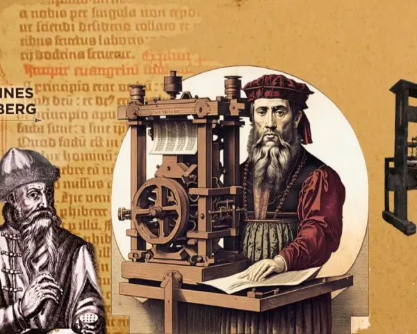 Retrato de Johannes Gutenberg junto a su imprenta, revolucionando la difusión del conocimiento.