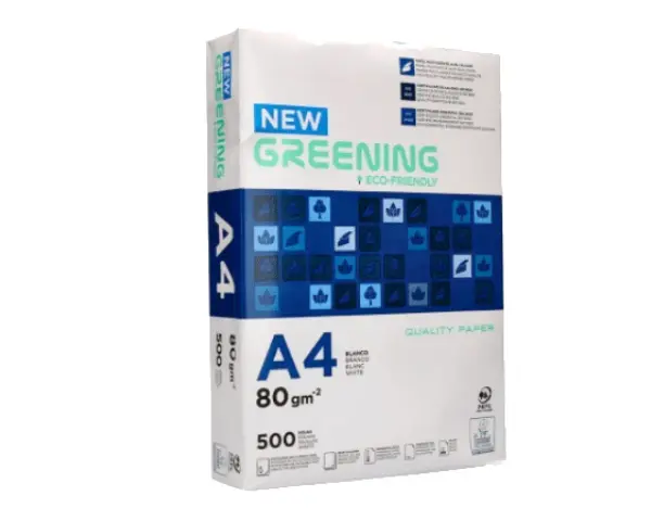 Paquete de papel A4 "New Greening" de 80 g/m². Averigua cuanto pesa un folio de este papel ecológico.