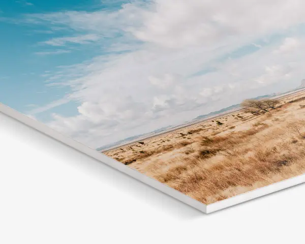 Impresión en forex de un paisaje desértico con cielo azul y nubes.