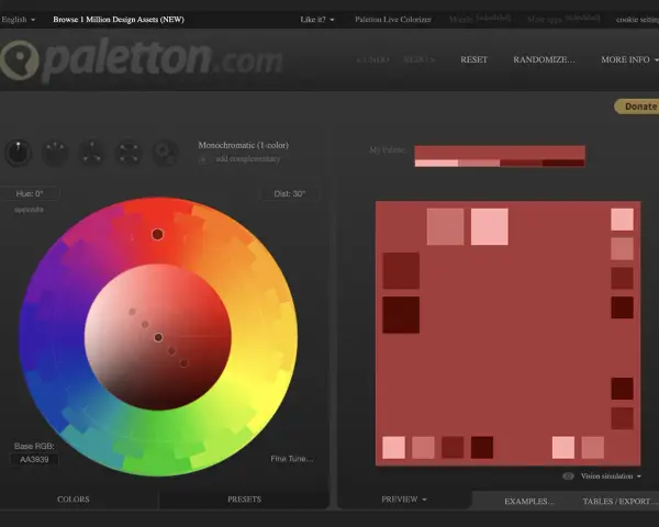 Paleta de colores cálidos en tonos rojos y rosados, generada por Paletton.com.