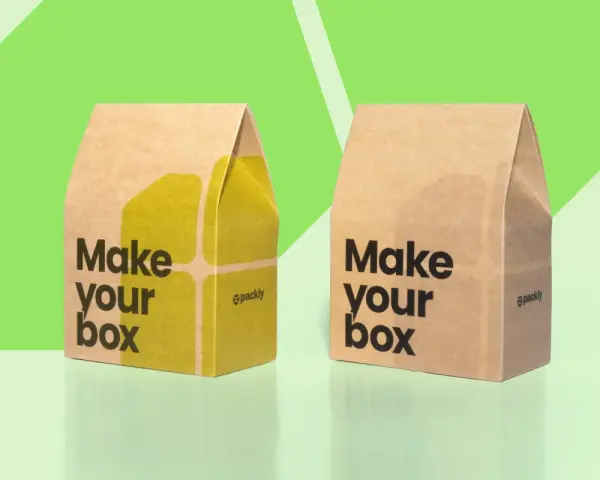 Dos cajas de cartón, una con diseño amarillo y la otra sin, ambas con el lema "Make your box".