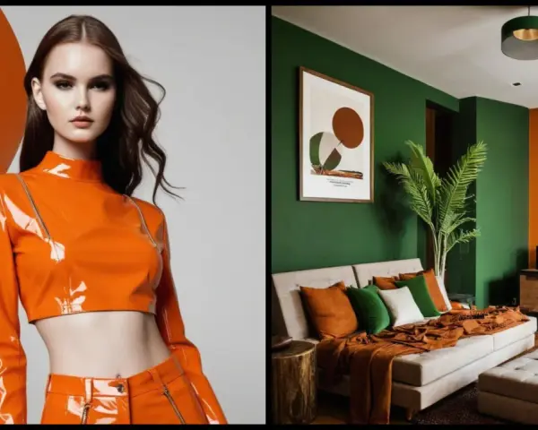 Mujer con atuendo **naranja color** brillante junto a un salón moderno con paredes verdes y naranjas, sofá y cojines.