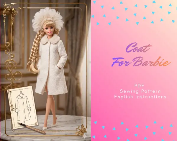 Barbie con abrigo blanco y tocado de plumas, junto a un patrón de costura. ¡Un look digno de la Barbie más glamurosa, con un toque de color rosa barbie en el fondo!