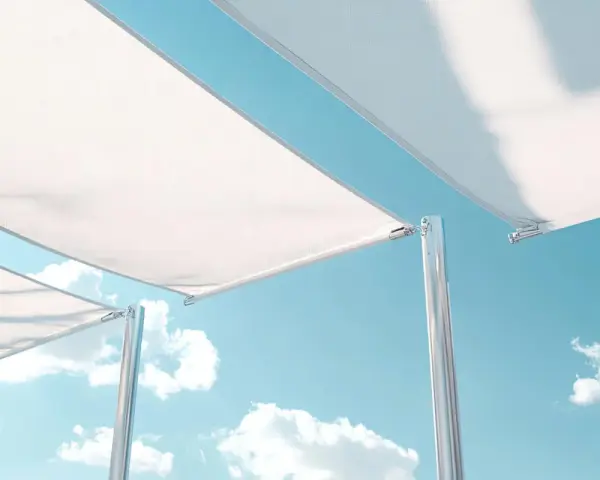 Detalles de cómo colocar una lona tensada sobre postes metálicos, con cielo azul y nubes de fondo.