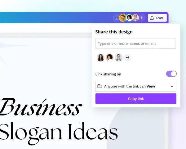 Compartiendo ideas para un eslogan publicitario. Se muestra una ventana para compartir un diseño, con opciones para invitar colaboradores y copiar un enlace.