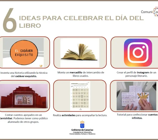 Seis ideas creativas para celebrar el Día del Libro: cadáver exquisito, mercadillo de libros, Instagram de personajes, Kamishibai, actividades de lectura y cuentos infinitos.