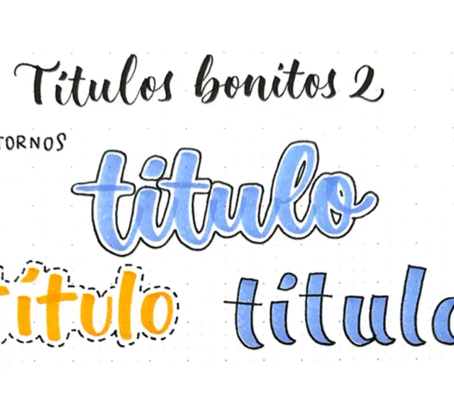 Ejemplos de letras para títulos: "Títulos bonitos 2", "CONTORNOS", y varios estilos de "título" en azul y naranja.