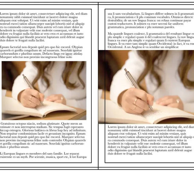 Manos escribiendo en un cuaderno, tamaño A5, con texto en español e inglés.