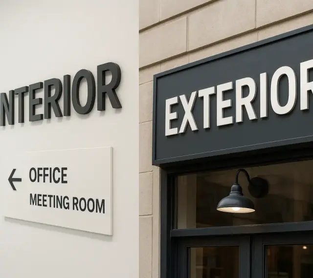 Cartelería moderna: "INTERIOR" y "EXTERIOR" en relieve, con señalización de "OFFICE MEETING ROOM".