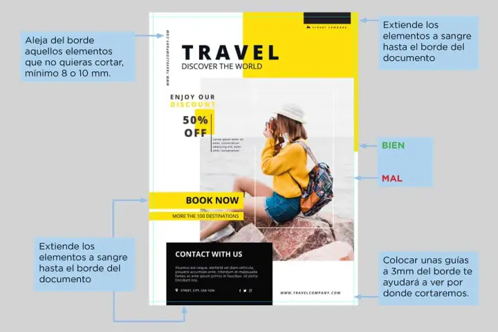 Ejemplo de diseño de folleto turístico. Muestra cómo extender elementos a sangre hasta el borde del documento, explicando qué es el sangrado en impresión.