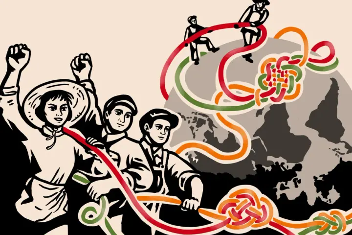 Ilustración de personas uniendo cintas de colores sobre un mapa del mundo, simbolizando la historia del libro y su evolución global.