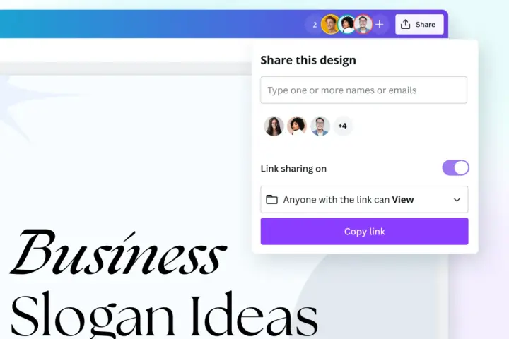 Compartiendo ideas para un eslogan publicitario. Se muestra una ventana para compartir un diseño, con opciones para invitar colaboradores y copiar un enlace.