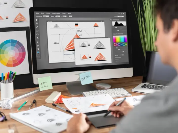Diseñador trabajando en un programa de diseño gráfico gratis, creando un logo. Se ven bocetos, paleta de colores y notas.