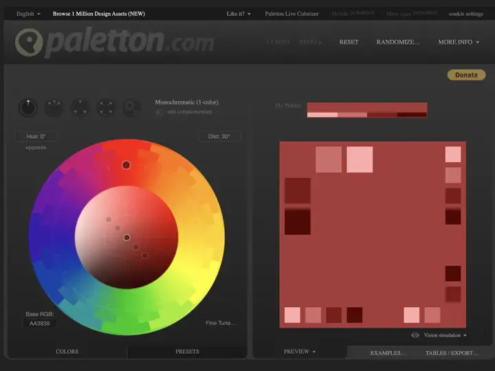 Paleta de colores cálidos en tonos rojos y rosados, generada por Paletton.com.