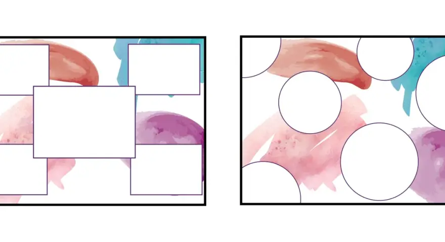 Dos diseños de collage con acuarelas en tonos pastel y espacios en blanco para texto o imágenes.