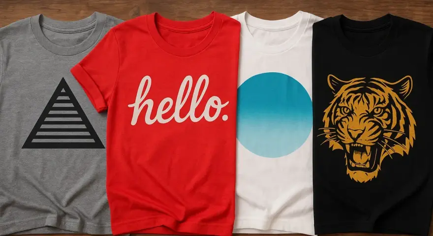 Cuatro camisetas con diseños variados: pirámide, "hello", círculo degradado y tigre. Ideas para como diseñar una camiseta.