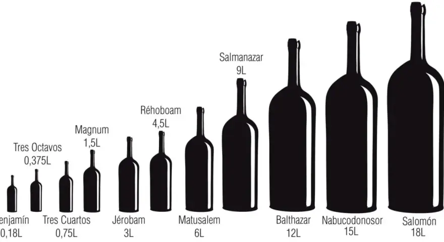 Siluetas de botellas de vino de diferentes tamaños, desde Benjamín (0,18L) hasta Salomón (18L), mostrando las medidas de etiqueta de vino.
