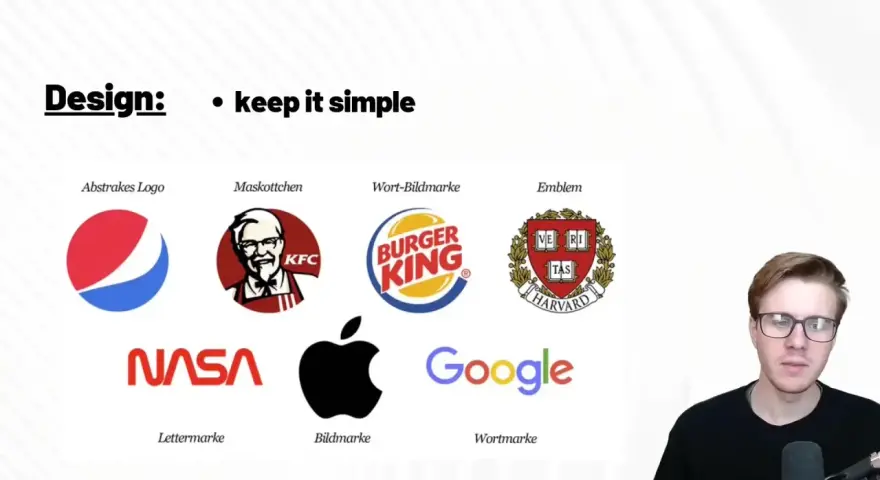 Ejemplos de ideas de logos: Pepsi, KFC, Burger King, Harvard, NASA, Apple y Google.
